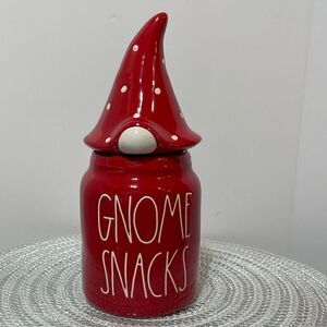 Rae Dun Gnome Snacks Canister with removable top Red and White NWT